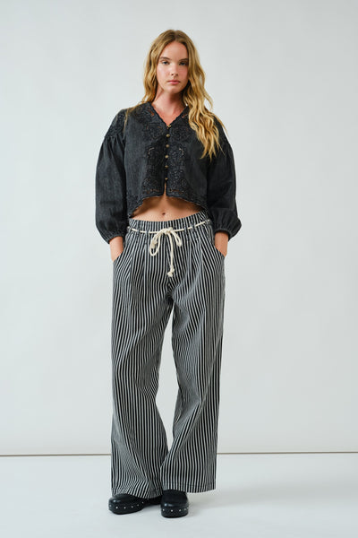 The Harbor Drawstring Wide-Leg Jeans (Black/Off White Stripe)