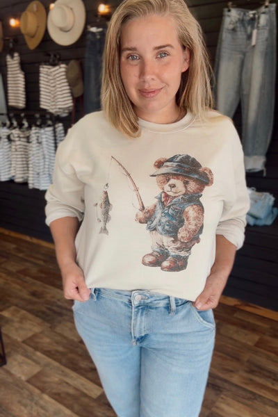 Teddy Bear Fisherman Vintage Graphic Sweatshirts (SAND)