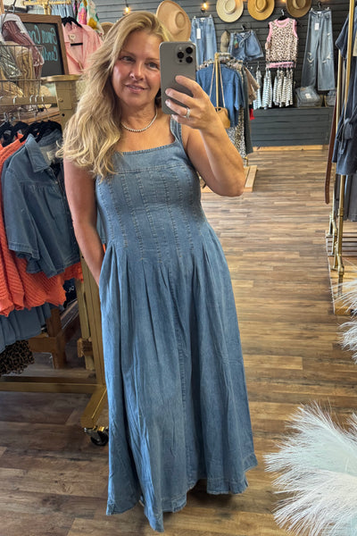 The Savannah Smocked Denim Maxi Dress