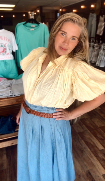 Lemon Sky Puff Sleeve Button Down Shirt